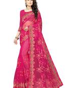 Pink embroidered net saree with blouse
