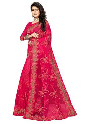 Pink embroidered net saree with blouse 2