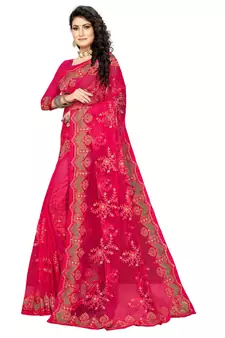 Pink embroidered net saree with blouse