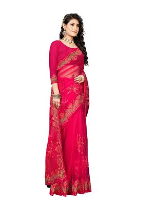 Pink embroidered net saree with blouse 3