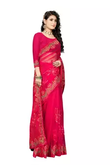 Pink embroidered net saree with blouse