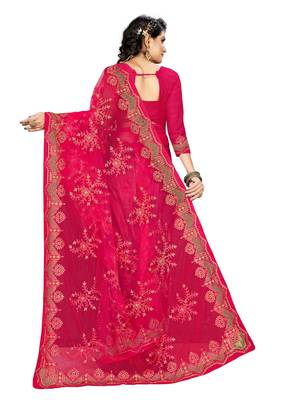 Pink embroidered net saree with blouse 4