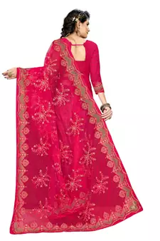 Pink embroidered net saree with blouse