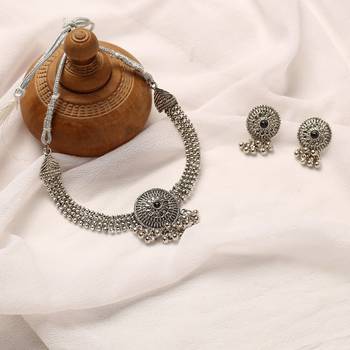 Antique Oxidised Silver Plated Tribal Jewellery Necklace Earring Set For Women & Girls. 1