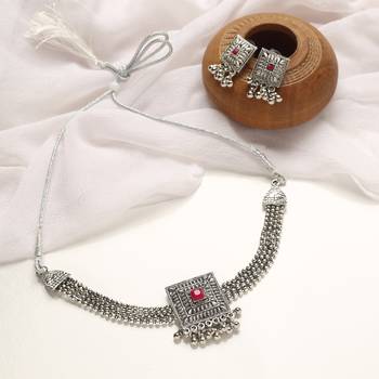 Antique Oxidised Silver Plated Tribal Jewellery Necklace Earring Set For Women & Girls. 1