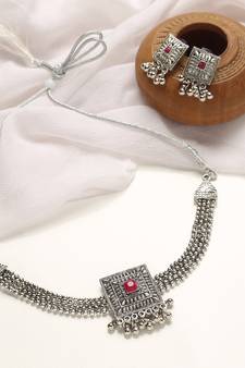 Antique Oxidised Silver Plated Tribal Jewellery Necklace Earring Set For Women & Girls.