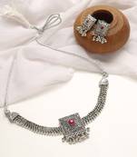 Antique Oxidised Silver Plated Tribal Jewellery Necklace Earring Set For Women & Girls.