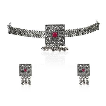 Antique Oxidised Silver Plated Tribal Jewellery Necklace Earring Set For Women & Girls. 2