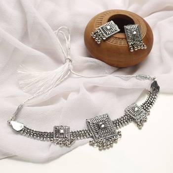 Antique Oxidised Silver Plated Tribal Jewellery Necklace Earring Set For Women & Girls. 1