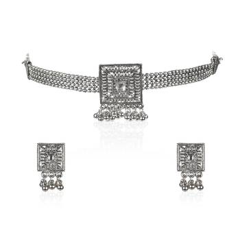 Antique Oxidised Silver Plated Tribal Jewellery Necklace Earring Set For Women & Girls. 3