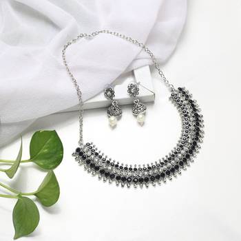 Antique Oxidised Silver Plated Tribal Jewellery Necklace Earring Set For Women & Girls. 1