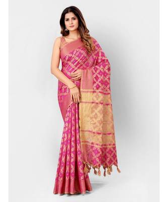 Pink & Gold Banarasi Cotton Silk Style Saree With Blouse Piece 1