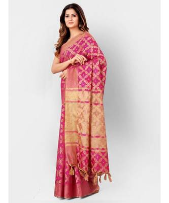Pink & Gold Banarasi Cotton Silk Style Saree With Blouse Piece 2