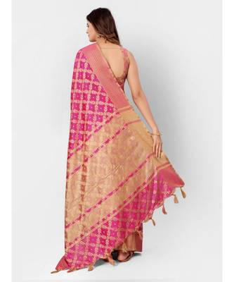 Pink & Gold Banarasi Cotton Silk Style Saree With Blouse Piece 3