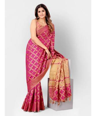 Pink & Gold Banarasi Cotton Silk Style Saree With Blouse Piece 4