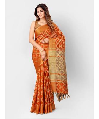 Rust & Gold Banarasi Cotton Silk Style Saree With Blouse Piece 1
