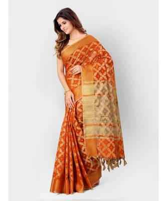 Rust & Gold Banarasi Cotton Silk Style Saree With Blouse Piece 2