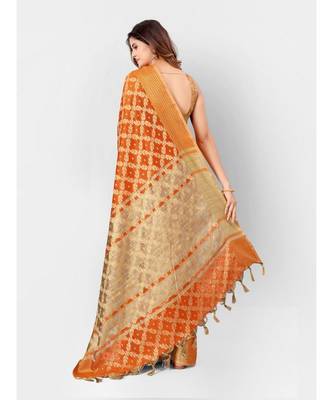Rust & Gold Banarasi Cotton Silk Style Saree With Blouse Piece 3