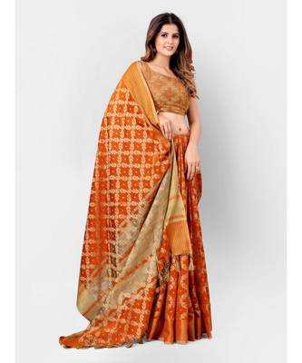 Rust & Gold Banarasi Cotton Silk Style Saree With Blouse Piece 4