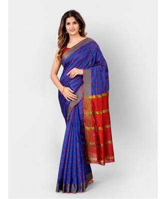 Blue & Red Linen Woven Design Silk Cotton Saree with blouse 1