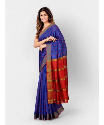 Blue & Red Linen Woven Design Silk Cotton Saree with blouse 2