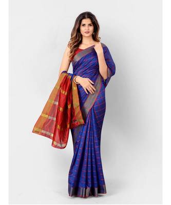 Blue & Red Linen Woven Design Silk Cotton Saree with blouse 3
