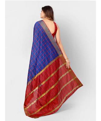 Blue & Red Linen Woven Design Silk Cotton Saree with blouse 4