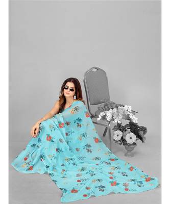 Blue & Orange Organza Floral Printed Saree with blouse 4