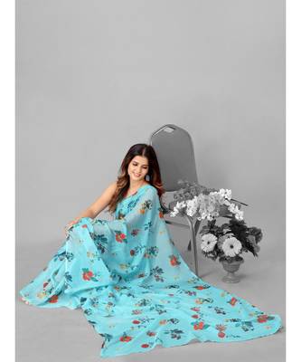 Blue & Orange Organza Floral Printed Saree with blouse 5