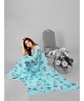 Blue & Orange Organza Floral Printed Saree with blouse 1