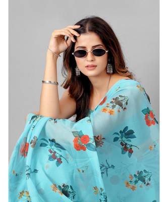 Blue & Orange Organza Floral Printed Saree with blouse 6