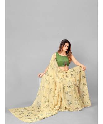 Cream & Green Organza Floral Printed Saree with blouse 1