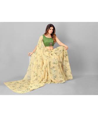 Cream & Green Organza Floral Printed Saree with blouse 4