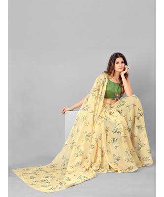 Cream & Green Organza Floral Printed Saree with blouse 5