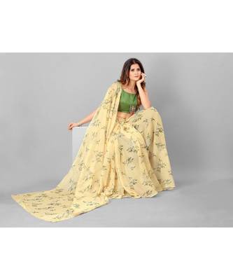 Cream & Green Organza Floral Printed Saree with blouse 6
