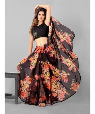 Black & Pink Organza Floral Printed Saree with blouse 1
