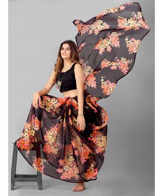 Black & Pink Organza Floral Printed Saree with blouse 2