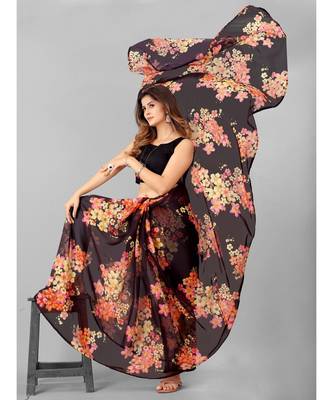 Black & Pink Organza Floral Printed Saree with blouse 3