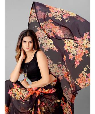 Black & Pink Organza Floral Printed Saree with blouse 4