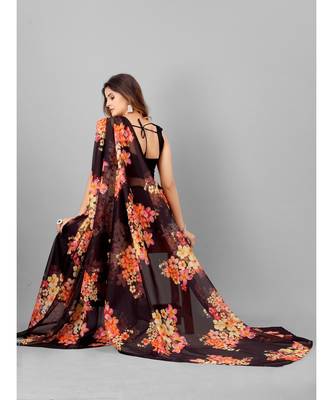 Black & Pink Organza Floral Printed Saree with blouse 5