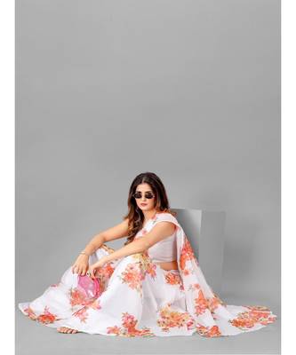 White & Peach Organza Floral Printed Saree with blouse 3