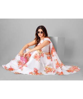 White & Peach Organza Floral Printed Saree with blouse 4