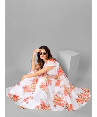 White & Peach Organza Floral Printed Saree with blouse 5