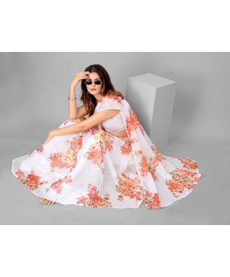 White & Peach Organza Floral Printed Saree with blouse 6