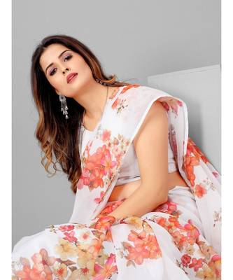 White & Peach Organza Floral Printed Saree with blouse 1