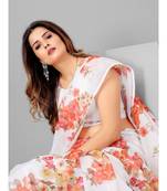 White & Peach Organza Floral Printed Saree with blouse