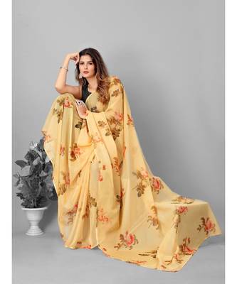 Yellow & Brown Organza Floral Printed Saree With Blouse 1