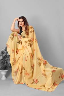 Yellow & Brown Organza Floral Printed Saree With Blouse