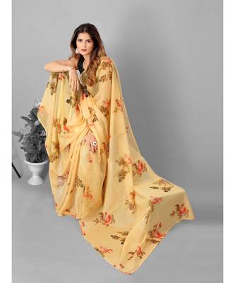 Yellow & Brown Organza Floral Printed Saree With Blouse 2