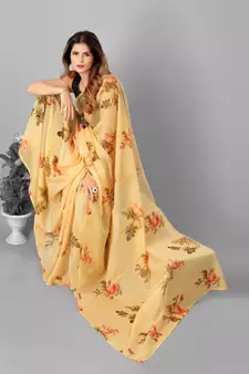 Yellow & Brown Organza Floral Printed Saree With Blouse
